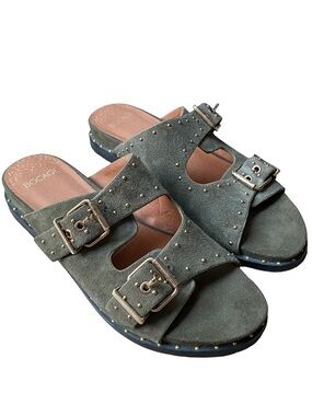 Bocage olive green suede studded adjustable strap slide sandals size